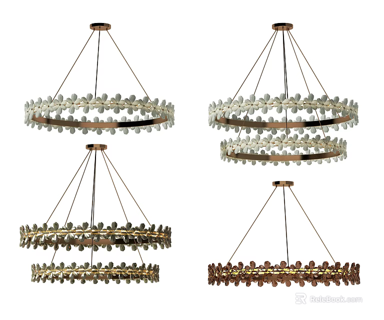 Modern Circular Chandeliers With Decorative Glass Petals And Various Metal Frame Finishes 3d model 