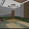 Serene Japanese Style SPA Sauna Interior With Bamboo Grille Landscape Painting And Tatami Seats