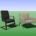 Two Stylish Office Chairs Blue Leather with Wooden Frame and Beige Fabric with Metal Legs