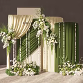 Elegant Wedding Decoration Setup With Beige Arch Green Curtains And White Flowers