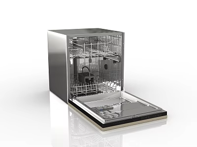 Modern Stainless Steel Dishwasher Kitchen Appliance With Open Door And Interior Racks 3d model