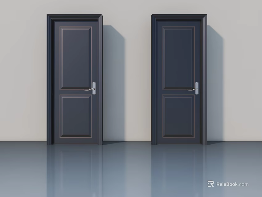 Two Dark Colored Hinged Doors With Panel Design And Silver Handles In Modern Interior 3d model
