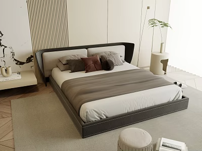 Modern Double Bed In Background With Dark Headboard Striped Bedding And Side Table Plant 3d model