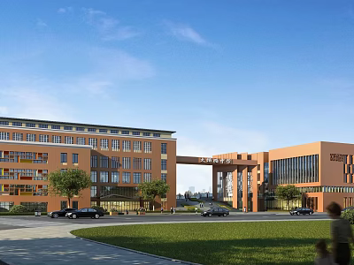 School Building Campus With Teaching Building Lawn Trees And Parked Cars 3d model