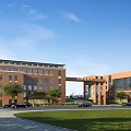 School Building Campus With Teaching Building Lawn Trees And Parked Cars