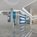 Modern Exhibition Hall Interior With Silver Metal Hand Sculpture Curved Structure And Blue White Walls