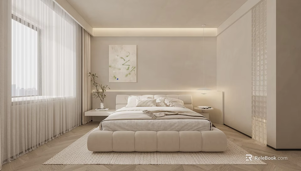 Modern Bedroom Interior Design With Beige Walls White Curtains Artwork Nightstands And Rug 3d model 