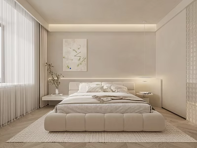 Modern Bedroom Interior Design With Beige Walls White Curtains Artwork Nightstands And Rug 3d model
