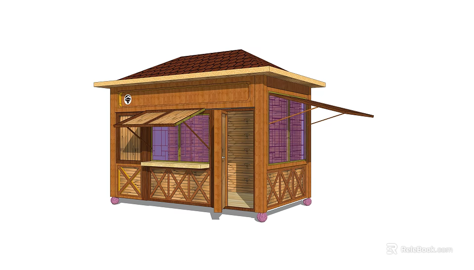 Wooden Kiosk With Brown Roof Purple Windows And Awning Structure 3d model 