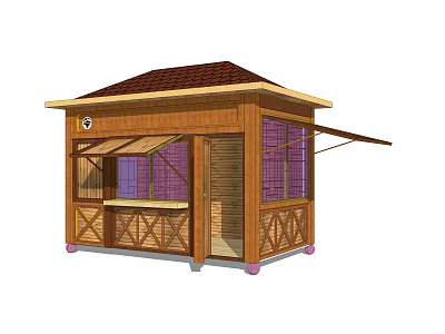 Wooden Kiosk With Brown Roof Purple Windows And Awning Structure 3d model