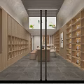 Traditional Tea Shop Interior With Wooden Shelves Tea Sets Stone Counter And Stools