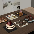 Assorted Desserts Display With Cake Cupcakes Chocolate And Fruits On Wooden Table