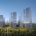 Modern High Rise Buildings With Glass Facades In Urban Cityscape And Greenery