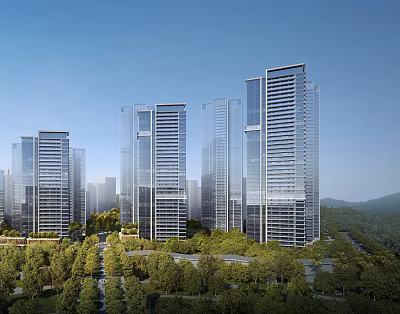 Modern High Rise Buildings With Glass Facades In Urban Cityscape And Greenery 3d model