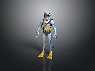 Shark Themed Diving Character Design With Yellow Fins And Blue White Suit 3d model
