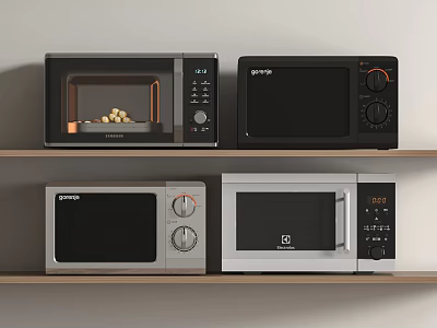 Different Styles of Microwave Ovens as Essential Kitchen Appliances on Shelves 3d model