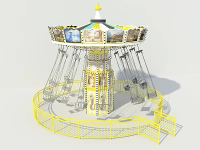 Amusement Park Swing Ride With Yellow Fence Decorative Top And Hanging Seats 3d model