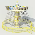 Amusement Park Swing Ride With Yellow Fence Decorative Top And Hanging Seats
