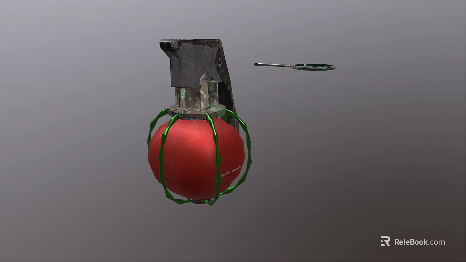 Red Hand Grenade Weapon With Green Binding Wire And Metal Safety Pin Mechanism 3d model 