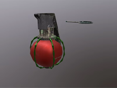 Red Hand Grenade Weapon With Green Binding Wire And Metal Safety Pin Mechanism 3d model