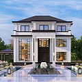 Modern Classic Detached Villa With White Exterior Fountain Stone Steps And Surrounding Trees