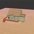 Miniature House Model on Wooden Deck with Brown Roof White Walls Balcony Garage Door