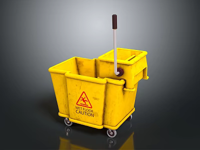 Yellow Mop Bucket With Caution Sign Wheels And Mop Handle For Cleaning 3d model