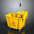 Yellow Mop Bucket With Caution Sign Wheels And Mop Handle For Cleaning