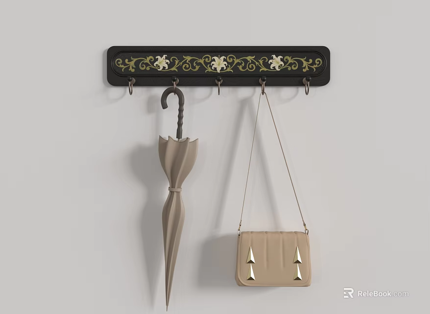 Black Wall Hook Rack With Gold Floral Patterns Hanging Umbrella And Handbag 3d model 