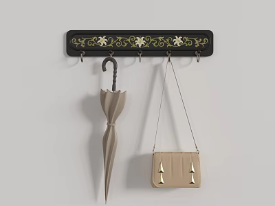 Black Wall Hook Rack With Gold Floral Patterns Hanging Umbrella And Handbag 3d model