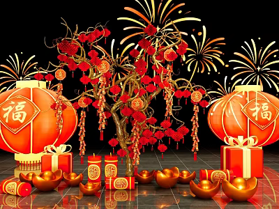 Traditional Chinese New Year Art Installation With Red Lanterns Fireworks Fu Characters And Gold Ingots 3d model