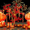 Traditional Chinese New Year Art Installation With Red Lanterns Fireworks Fu Characters And Gold Ingots