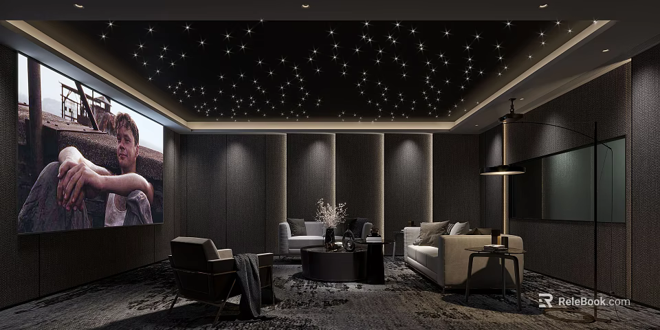 Modern Home Theater Interior Design With Starry Ceiling Large Screen And Comfortable Seating 3d model