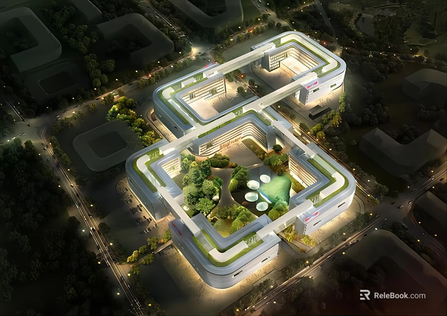 Modern Industrial Factory Design With Green Roof Central Courtyard And Connected Buildings 3d model 