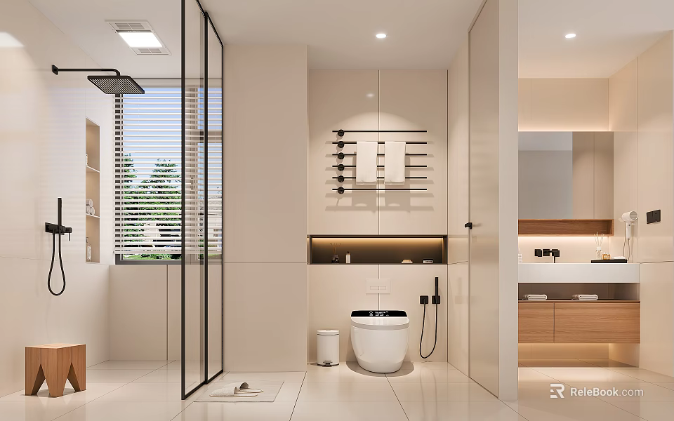 Modern Bathroom Interior Design With Glass Shower Partition Window Blinds Towel Rack Toilet And Cabinets 3d model 