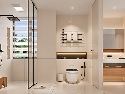 Modern Bathroom Interior Design With Glass Shower Partition Window Blinds Towel Rack Toilet And Cabinets 3d model