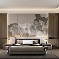 Double Bed With Decorative Wall Art White Grey Pillows Nightstand And Table Lamp
