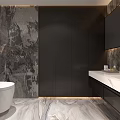 Luxury Modern Dark Marble Bathroom Interior With Freestanding Bathtub Double Sink Vanities And Warm Lighting