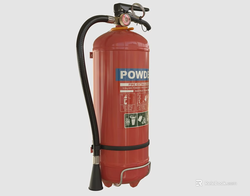 Red Powder Fire Extinguisher with Black Hose and Emergency Safety Features 3d model 