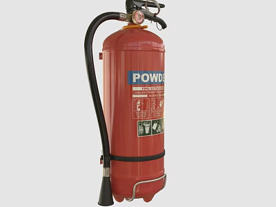 Red Powder Fire Extinguisher with Black Hose and Emergency Safety Features 3d model
