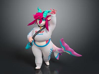Cartoon Game Movie Character With Colorful Horns Pink Purple Hair Holding Microphone And White Jumpsuit 3d model