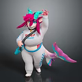 Cartoon Game Movie Character With Colorful Horns Pink Purple Hair Holding Microphone And White Jumpsuit
