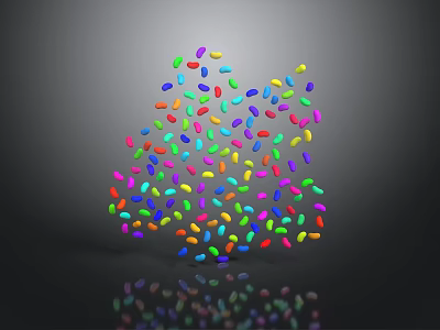 Colorful Waterdrop Shaped Particles Forming Irregular Shape On Black Background With Reflection 3d model