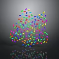 Colorful Waterdrop Shaped Particles Forming Irregular Shape On Black Background With Reflection