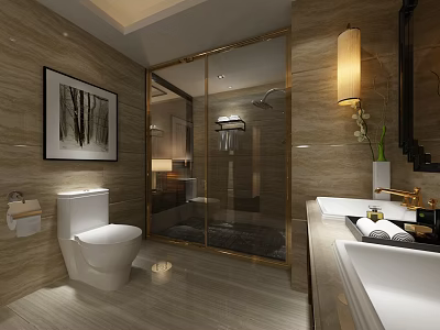 Elegant Hotel Guest Room Bathroom With Modern Marble Walls Glass Shower And White Toilet 3d model