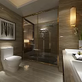 Elegant Hotel Guest Room Bathroom With Modern Marble Walls Glass Shower And White Toilet