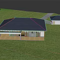 Detached Villa With Dark Blue Roof Large Windows Wooden Porch Green Lawn Pathway