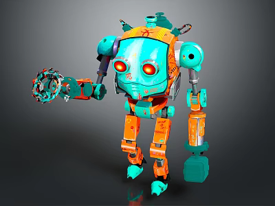 Futuristic Blue And Orange Robot With Red Eyes And Mechanical Arms Design 3d model