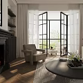 Bright Cozy Living Room With Marble Fireplace Built In Shelves And Large French Window