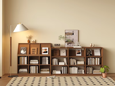 Wooden Bookcase with Multiple Shelves Books Photos Floor Lamp and Potted Plant in Living Room 3d model